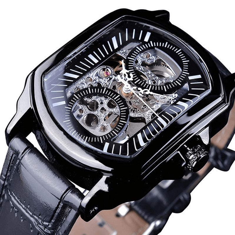 Forsining Gmt911 Mode Män Watch Hollow Gravering Design Läderrem Mekanisk Watch