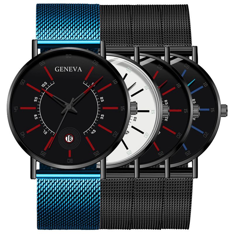 Geneva Business Casual Färgad Visartavla Med Kalenderlegering Mesh Armband Män Kvartsur