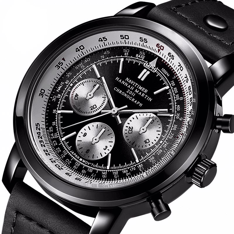 Hannah Martin 2011 Chronograph Military Style Herr Armbandsur Läderband Kvartsur