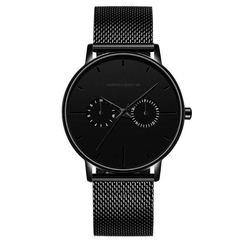 Hannah Martin Mode Casual Med Kalender Dual Dial Steel Mesh Pu-Läderrem 3Atm Vattentät Herr Kvartsur