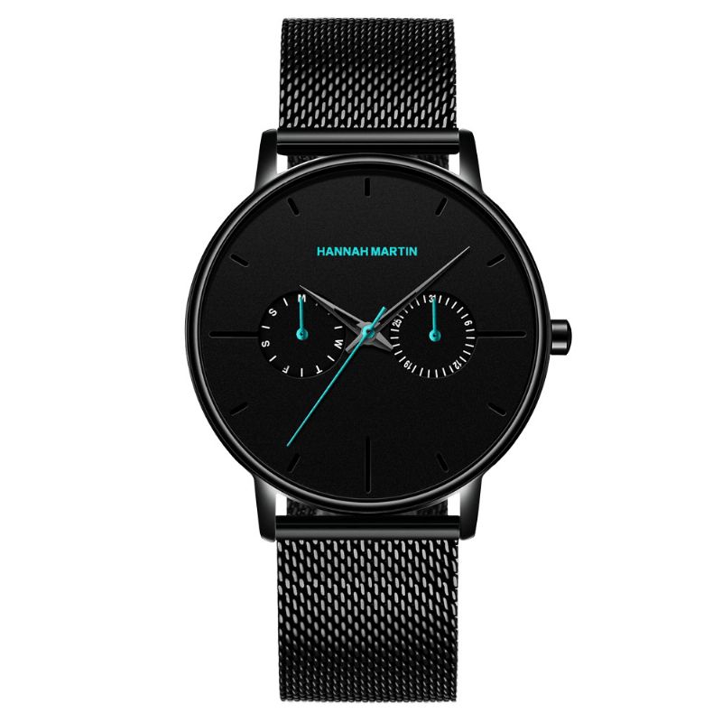 Hannah Martin Mode Casual Med Kalender Dual Dial Steel Mesh Pu-Läderrem 3Atm Vattentät Herr Kvartsur