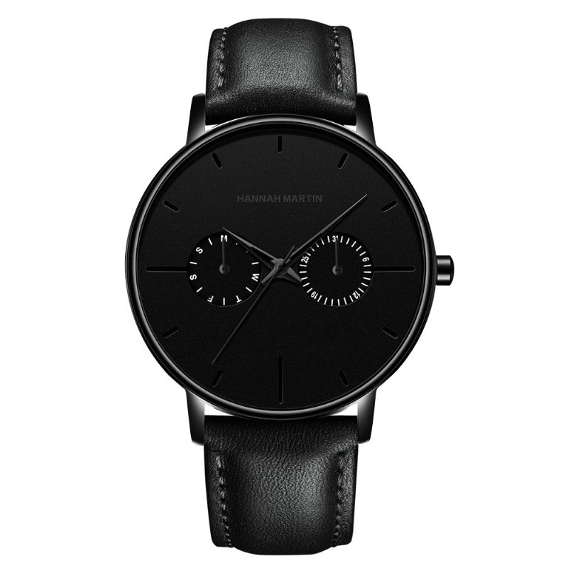 Hannah Martin Mode Casual Med Kalender Dual Dial Steel Mesh Pu-Läderrem 3Atm Vattentät Herr Kvartsur