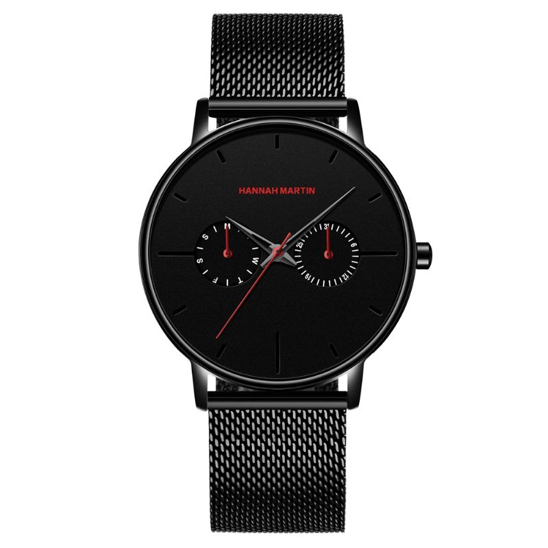 Hannah Martin Mode Casual Med Kalender Dual Dial Steel Mesh Pu-Läderrem 3Atm Vattentät Herr Kvartsur