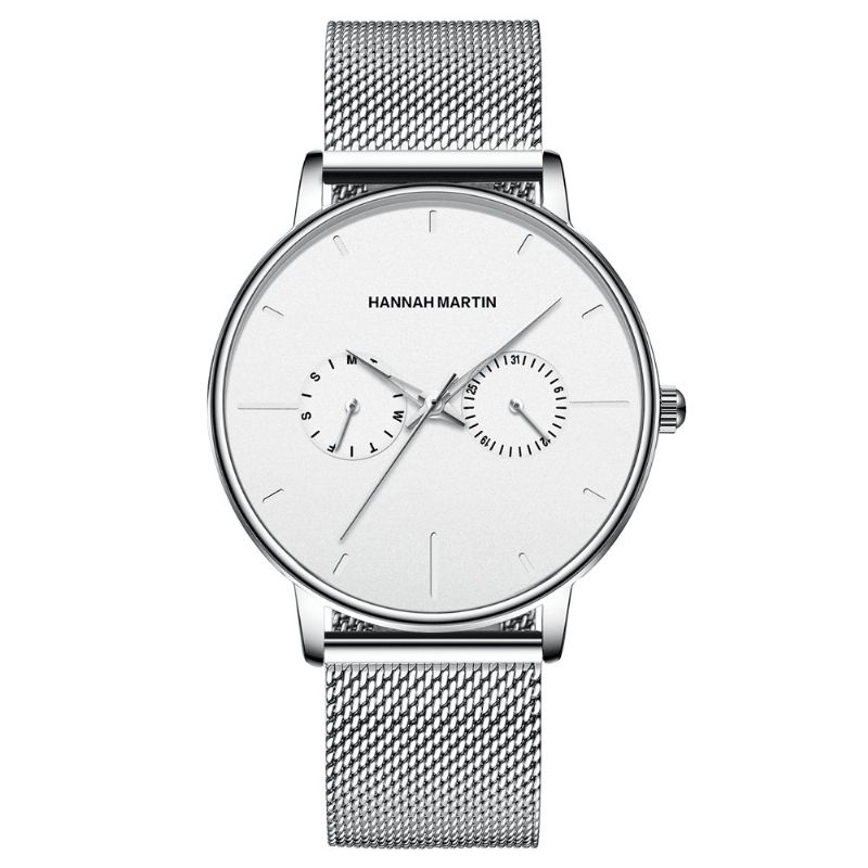 Hannah Martin Mode Casual Med Kalender Dual Dial Steel Mesh Pu-Läderrem 3Atm Vattentät Herr Kvartsur