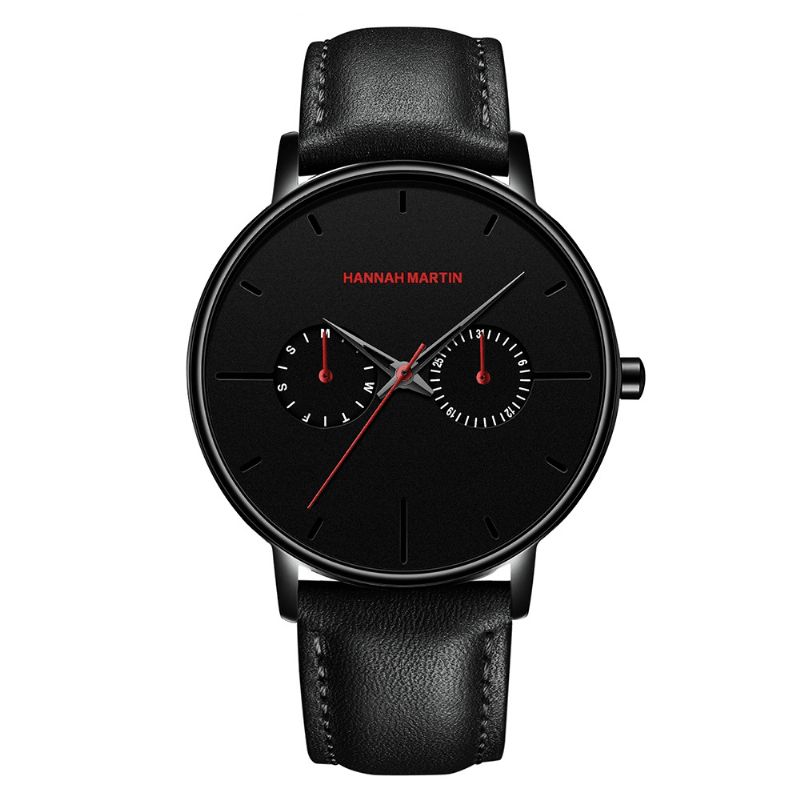 Hannah Martin Mode Casual Med Kalender Dual Dial Steel Mesh Pu-Läderrem 3Atm Vattentät Herr Kvartsur