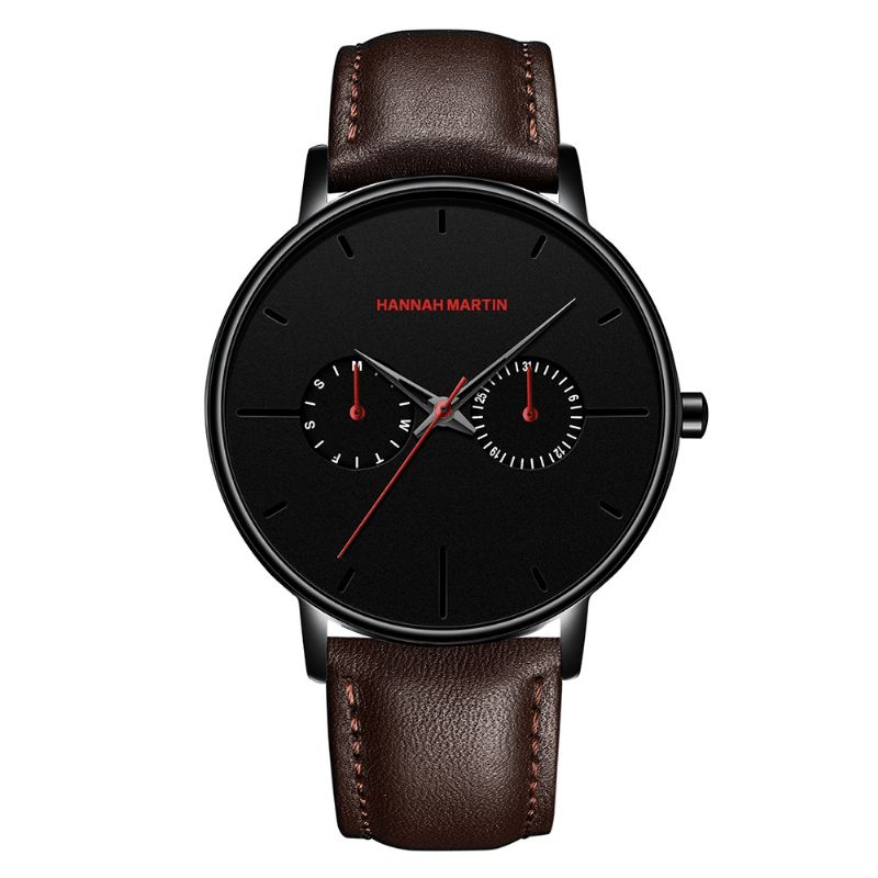 Hannah Martin Mode Casual Med Kalender Dual Dial Steel Mesh Pu-Läderrem 3Atm Vattentät Herr Kvartsur