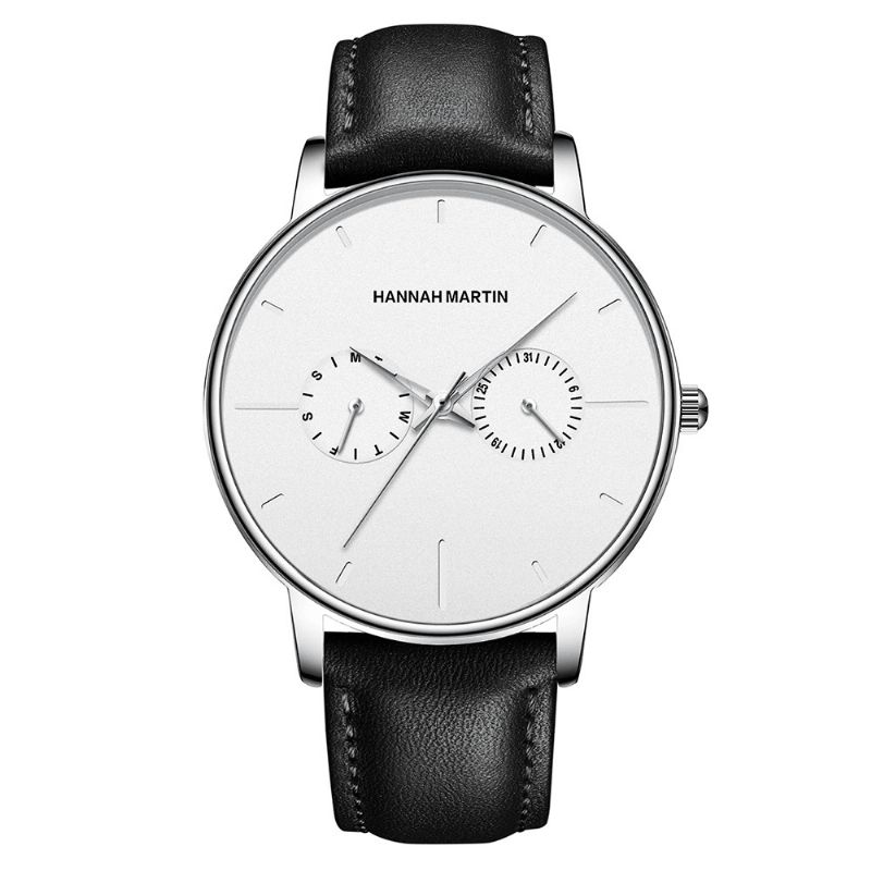 Hannah Martin Mode Casual Med Kalender Dual Dial Steel Mesh Pu-Läderrem 3Atm Vattentät Herr Kvartsur