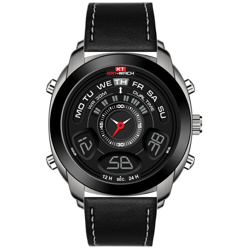 Kat-Wach 731 Mode Sport Män Digital Klocka Datum Vecka Månad Display Kronograf Läderrem Led Dual Display Watch