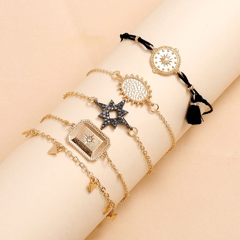 Kvinnmode Flerlagers Armband Geometrisk Diamant Sexkant Tofs Hänge Metall Fyrkantig Triangel Armband Set