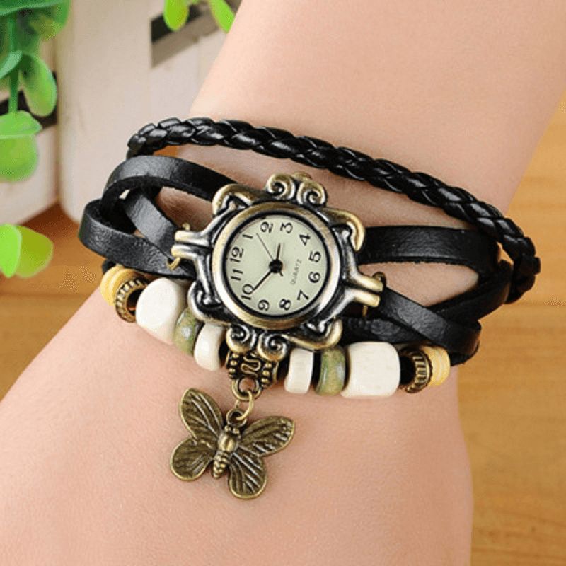 Kvinnor Casual Vintage Multilayer Butterfly Faux Läder Armband Kvartsur