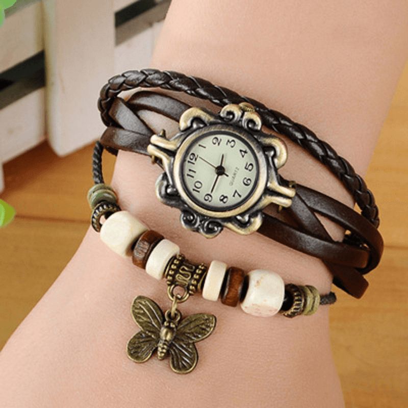 Kvinnor Casual Vintage Multilayer Butterfly Faux Läder Armband Kvartsur