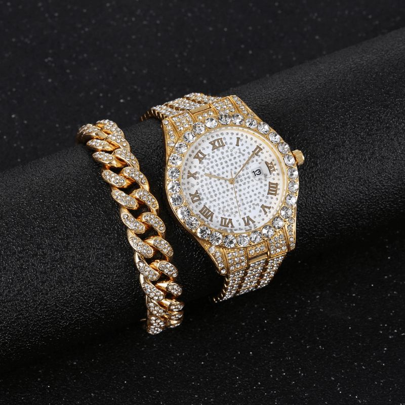 Legering Hip Hop Lyx 2 St Hip-Hop Kedja Full Diamond Watch Armband Lady Kvartsur