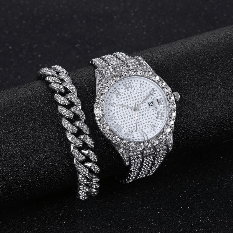 Legering Hip Hop Lyx 2 St Hip-Hop Kedja Full Diamond Watch Armband Lady Kvartsur