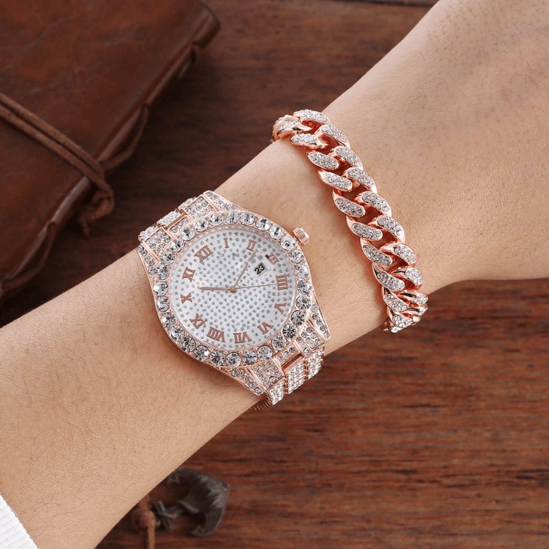 Legering Hip Hop Lyx 2 St Hip-Hop Kedja Full Diamond Watch Armband Lady Kvartsur