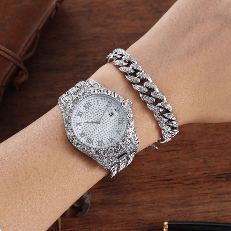 Legering Hip Hop Lyx 2 St Hip-Hop Kedja Full Diamond Watch Armband Lady Kvartsur