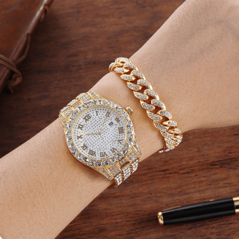 Legering Hip Hop Lyx 2 St Hip-Hop Kedja Full Diamond Watch Armband Lady Kvartsur