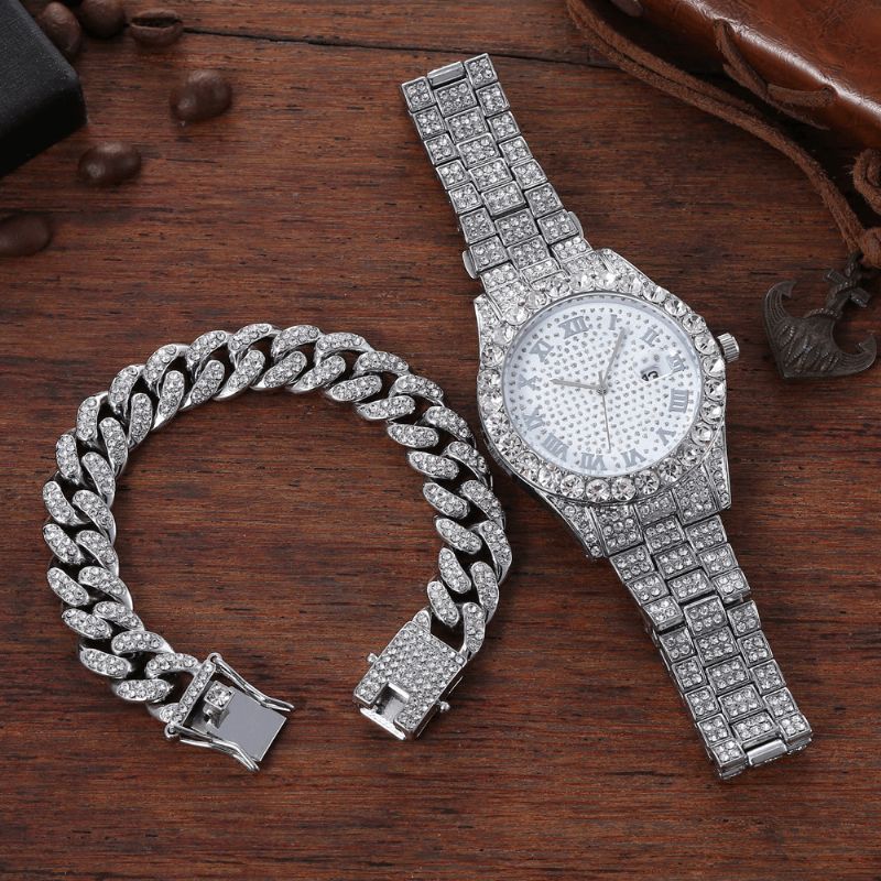 Legering Hip Hop Lyx 2 St Hip-Hop Kedja Full Diamond Watch Armband Lady Kvartsur