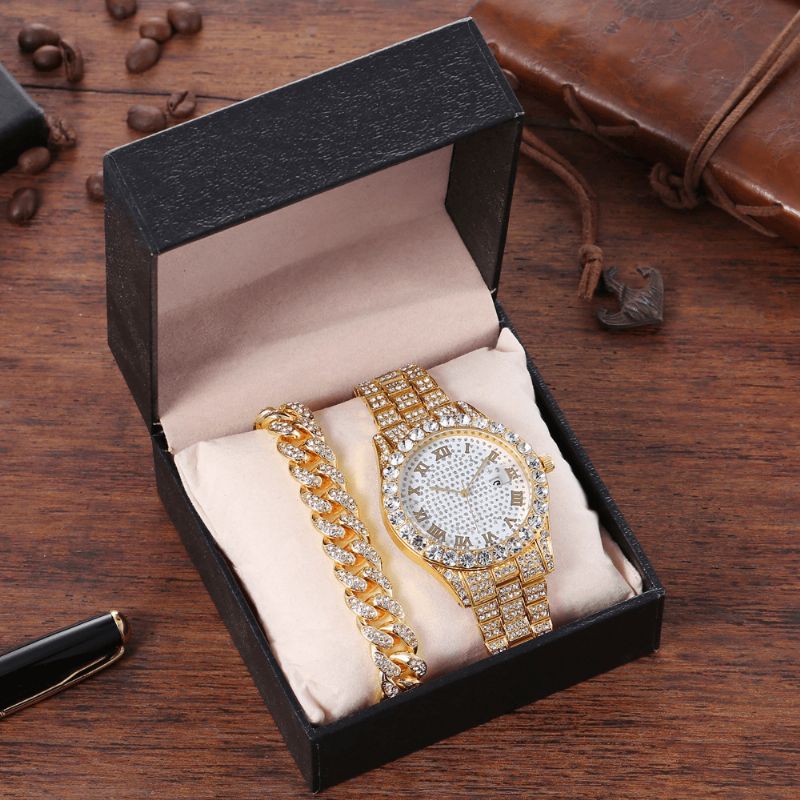 Legering Hip Hop Lyx 2 St Hip-Hop Kedja Full Diamond Watch Armband Lady Kvartsur