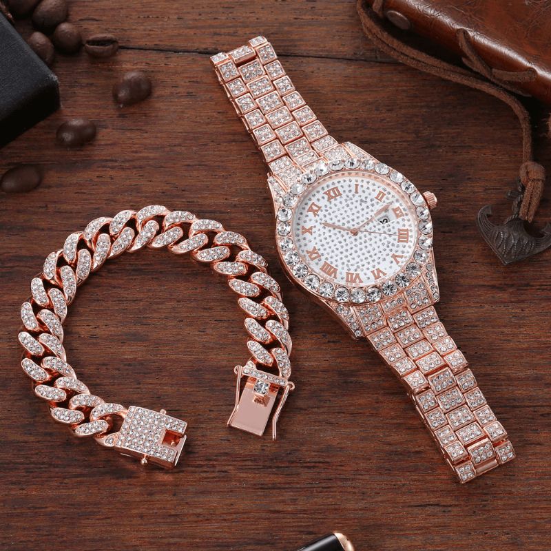 Legering Hip Hop Lyx 2 St Hip-Hop Kedja Full Diamond Watch Armband Lady Kvartsur