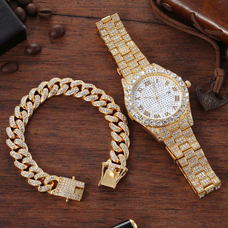 Legering Hip Hop Lyx 2 St Hip-Hop Kedja Full Diamond Watch Armband Lady Kvartsur