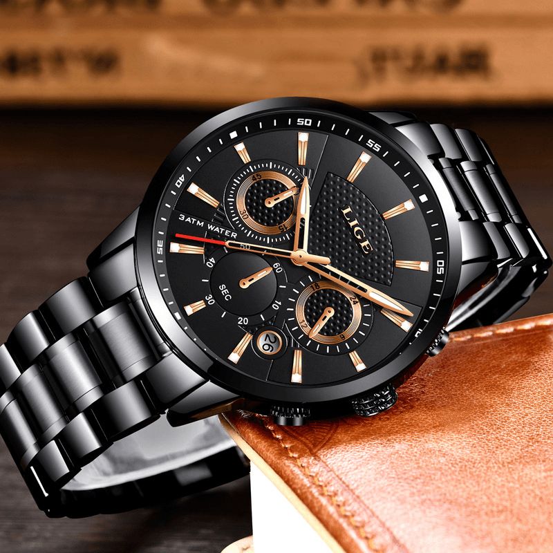 Lige 9866 Chronograph Full Steel Band Herrarmbandsur Lysande Display Kvartsur