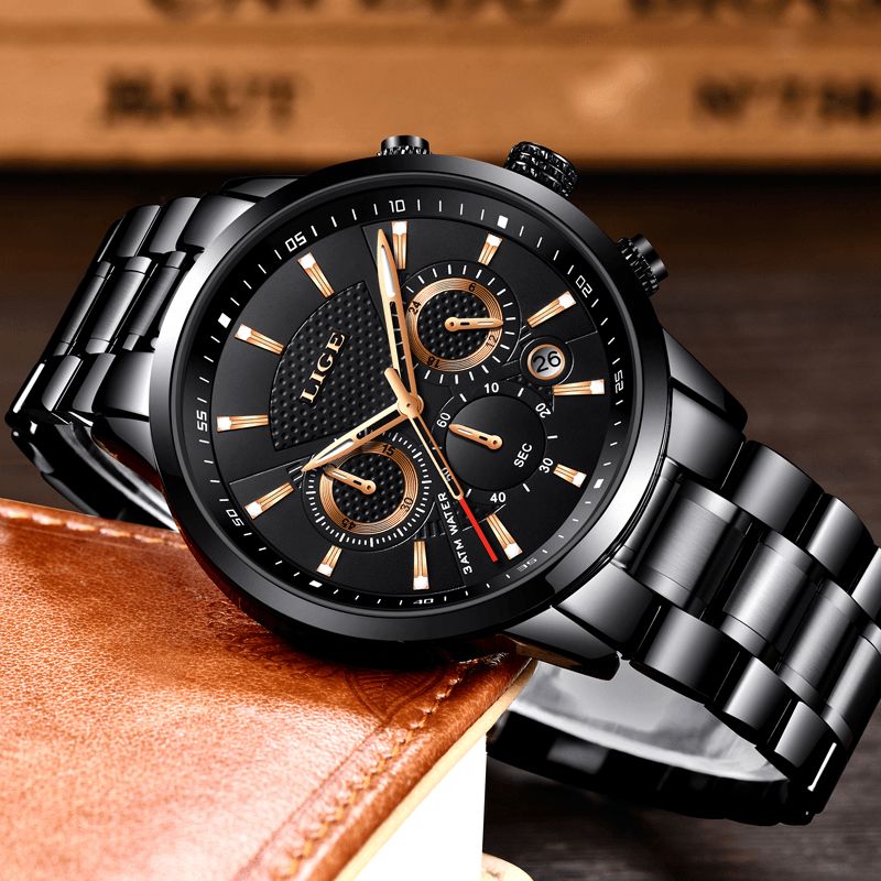 Lige 9866 Chronograph Full Steel Band Herrarmbandsur Lysande Display Kvartsur