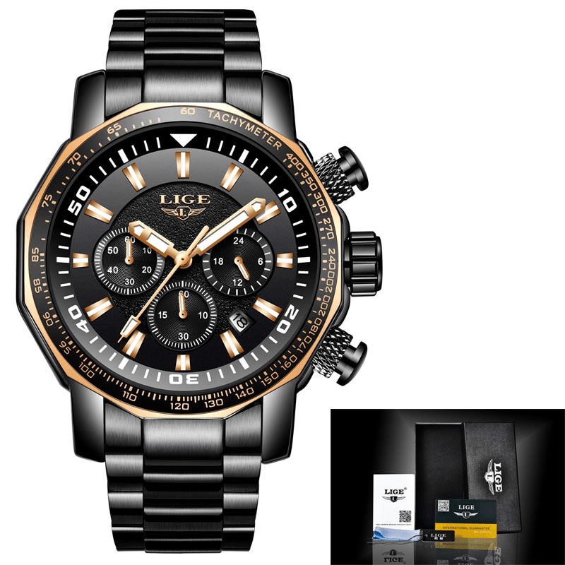 Lige Lg9871 Luxury Business Style Date Display Luminous Pointers Vattentätt Band I Rostfritt Stål Män Quartz Armbandsur