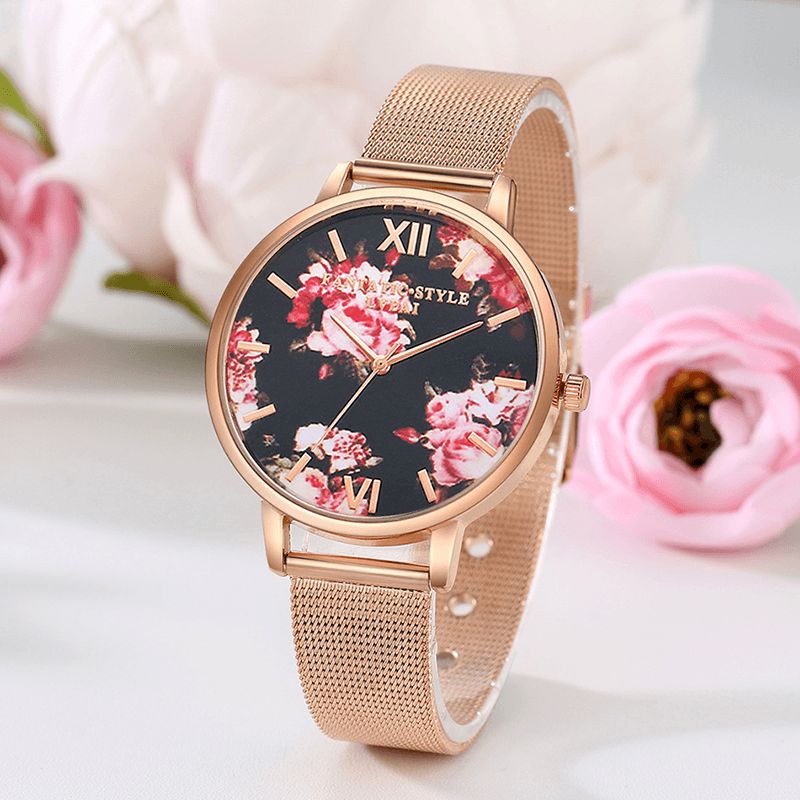 Lvpai Mesh Stålband Casual Style Damarmbandsur Flower Elegant Design Kvartsur