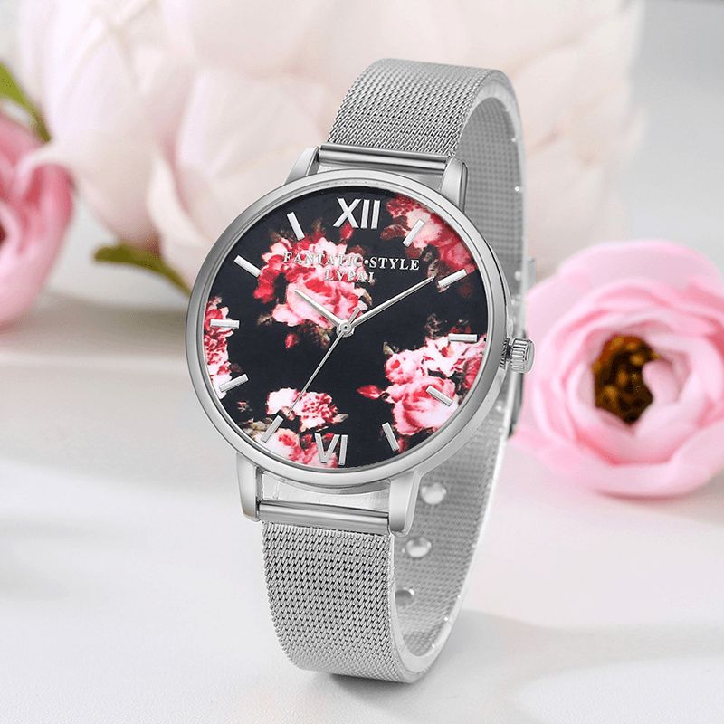 Lvpai Mesh Stålband Casual Style Damarmbandsur Flower Elegant Design Kvartsur