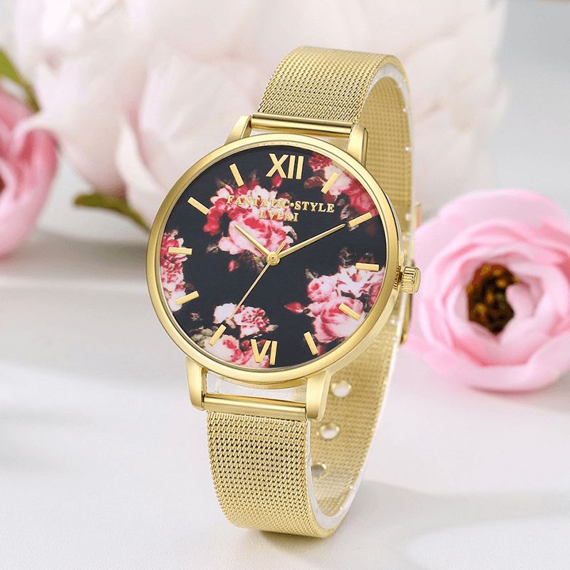 Lvpai Mesh Stålband Casual Style Damarmbandsur Flower Elegant Design Kvartsur