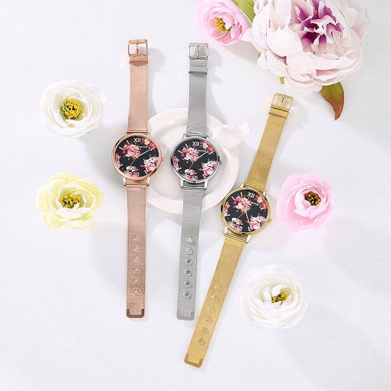 Lvpai Mesh Stålband Casual Style Damarmbandsur Flower Elegant Design Kvartsur