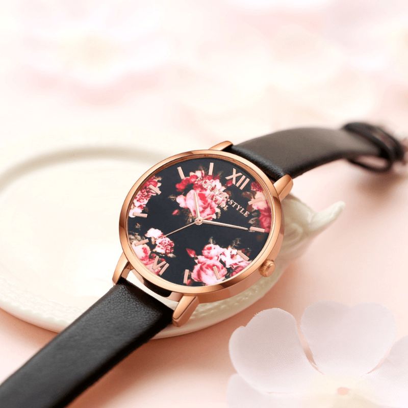 Lvpai P086 Flower Display Elegant Design Damarmbandsur Pu Läderband Kvartsur