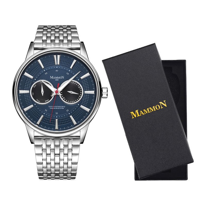 Mammon M038 Business Large Dial Luminous Pointer Week Calendar Display Steel Band 3Atm Vattentät Herr Kvartsur