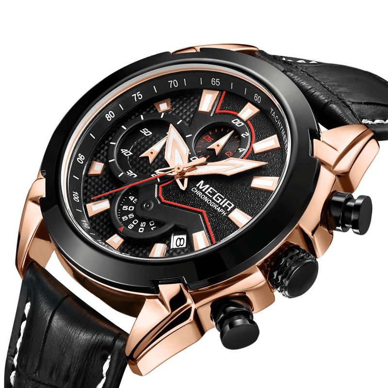 Megir 2065 Sportklockor Creative Chronograph Quartz Läderrem Herrklocka