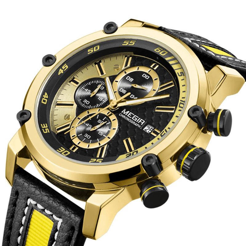 Megir 2079 Chronograph Sport Män Watch Date Display Läderrem Quartz Klockor