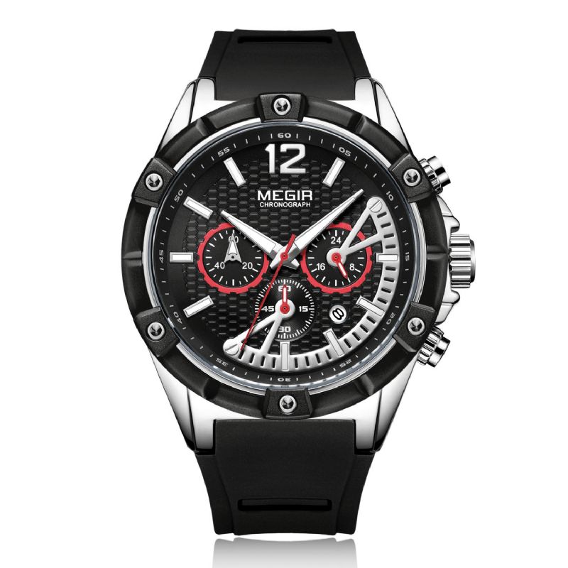 Megir 2083G Mode Style Calendar Luminous Chronograph Herr Vattentät Silikonrem Kvartsur