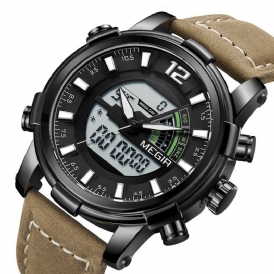 Megir 2089 Military Sport Style Led Chronograph Luminous Dual Display Digital Watch Läder Armbandsur För Män