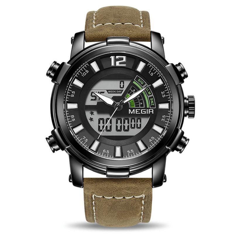 Megir 2089 Military Sport Style Led Chronograph Luminous Dual Display Digital Watch Läder Armbandsur För Män