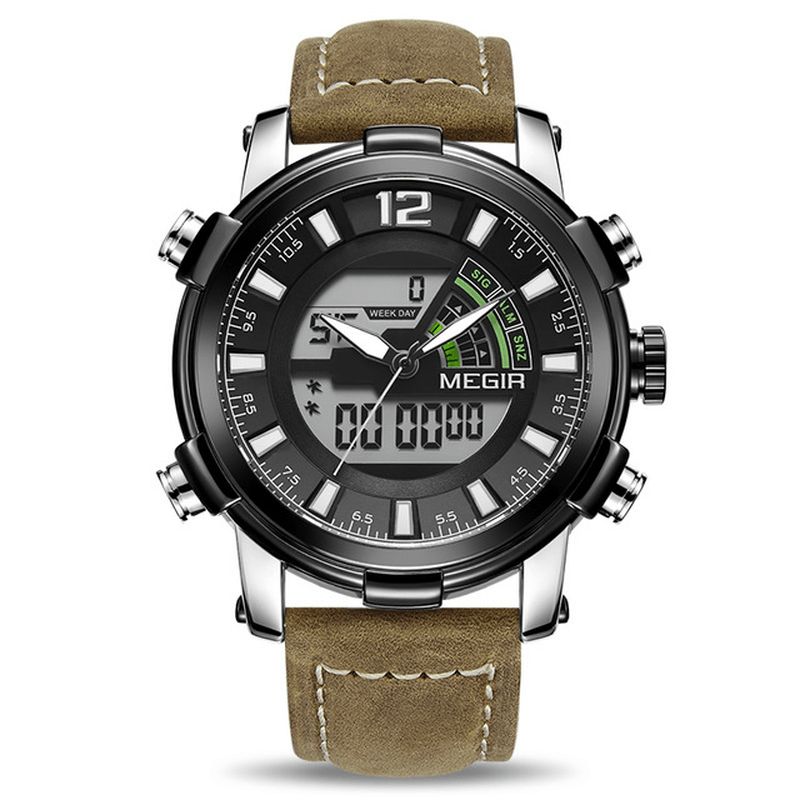 Megir 2089 Military Sport Style Led Chronograph Luminous Dual Display Digital Watch Läder Armbandsur För Män