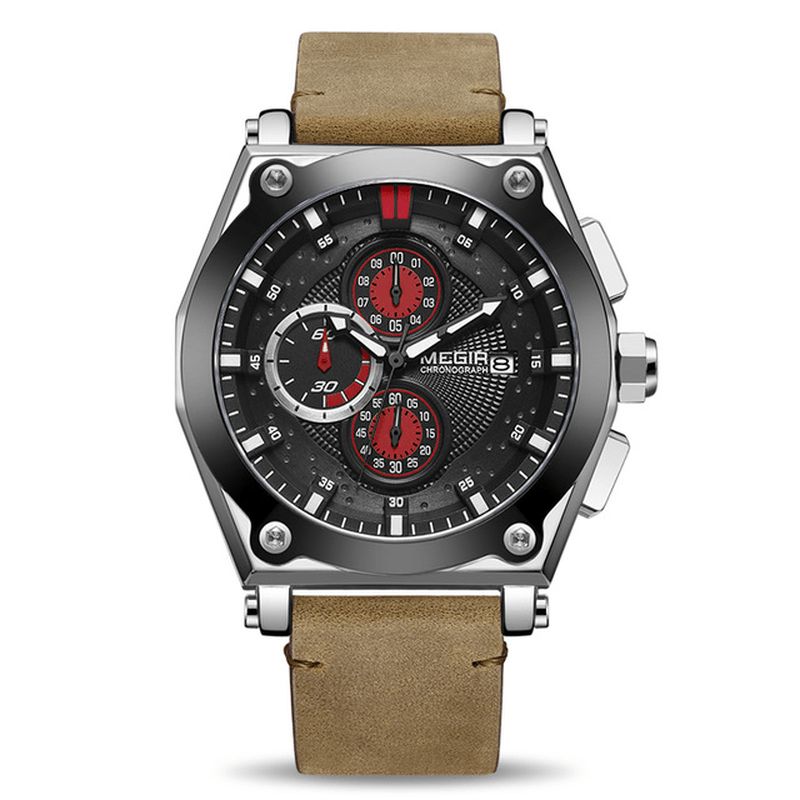 Megir 2098 Sports Chronograph Date Waterproof Kvartsur Läderarmband Herrarmbandsur