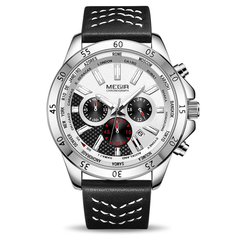 Megir 2103 Military Chronograph Calendar Luminous Herr Armbandsur Läderarmband Kvartsur