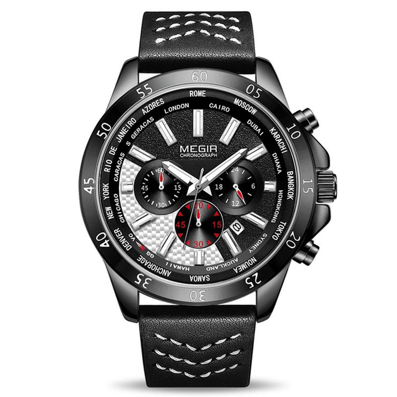 Megir 2103 Military Chronograph Calendar Luminous Herr Armbandsur Läderarmband Kvartsur