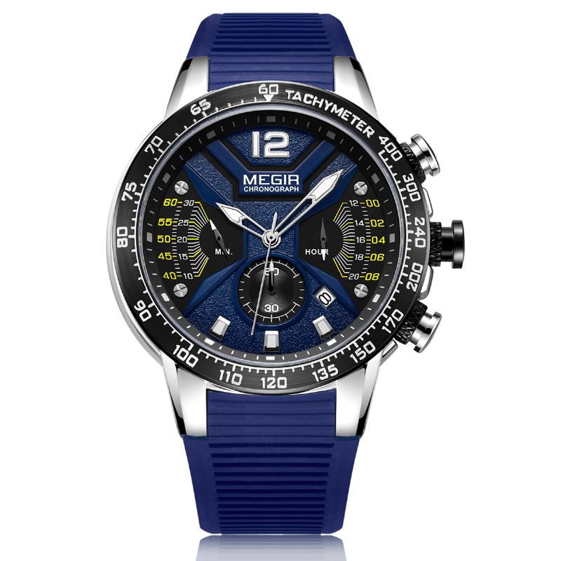 Megir 2106 Luminous Dial Calendar Chronograph Silikonrem Herr Vattentät Sport Kvartsur