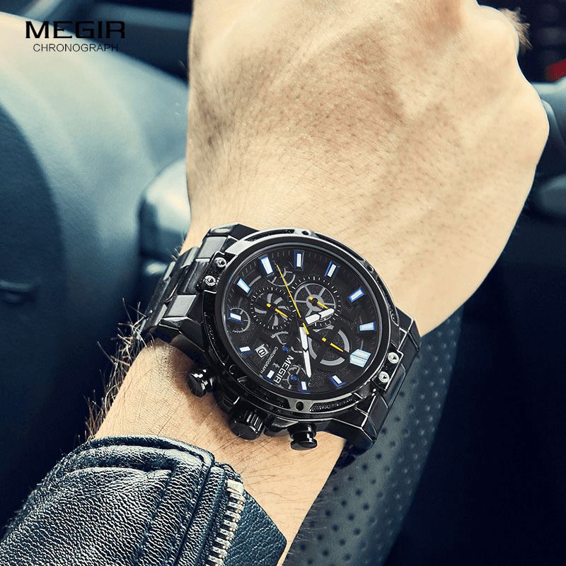 Megir 2108 Luxury Big Dial Chronograph Business Style Rostfritt Stål Herrklocka Kvartsur