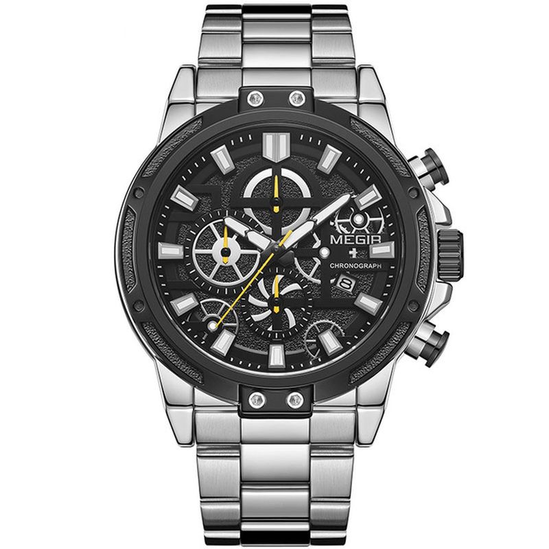 Megir 2108 Luxury Big Dial Chronograph Business Style Rostfritt Stål Herrklocka Kvartsur