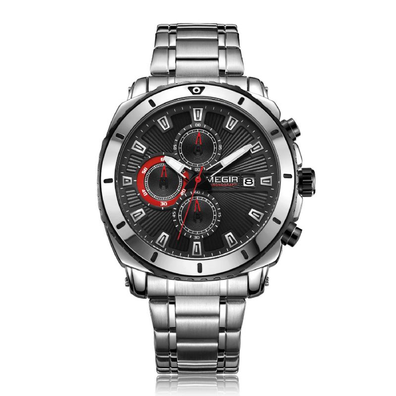 Megir Ms2075G Business Multi-Functional Calendar Chronograph Lysande Män Vattentät Rostfritt Stål Rem Kvartsur