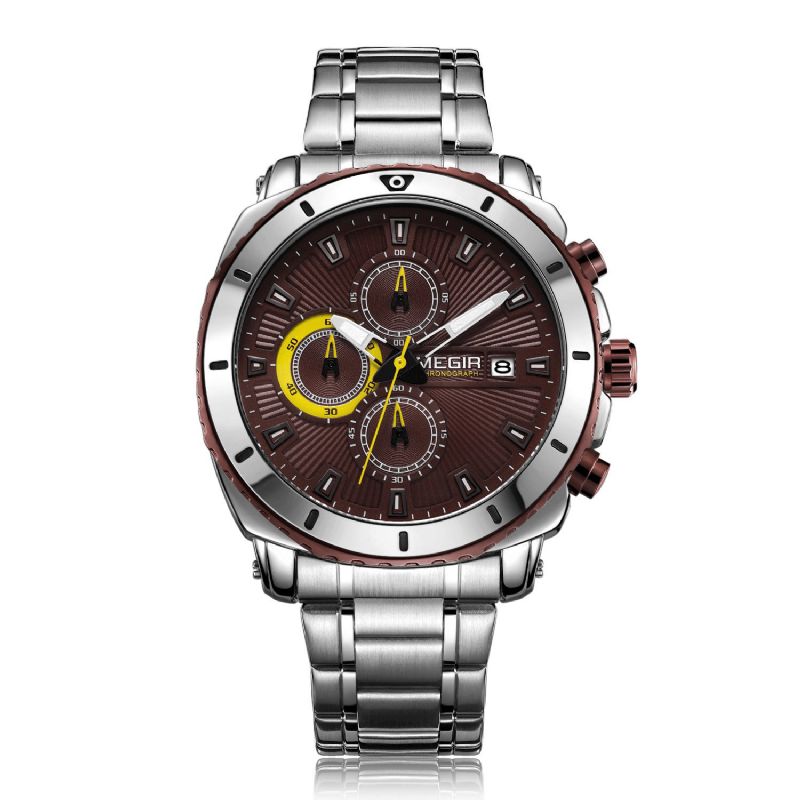 Megir Ms2075G Business Multi-Functional Calendar Chronograph Lysande Män Vattentät Rostfritt Stål Rem Kvartsur