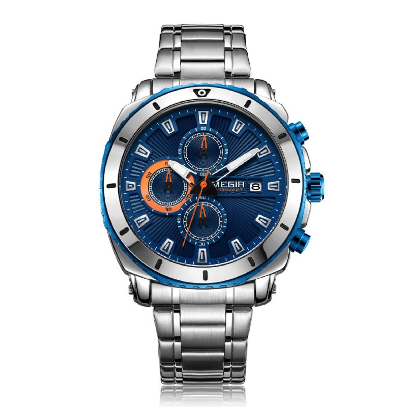 Megir Ms2075G Business Multi-Functional Calendar Chronograph Lysande Män Vattentät Rostfritt Stål Rem Kvartsur