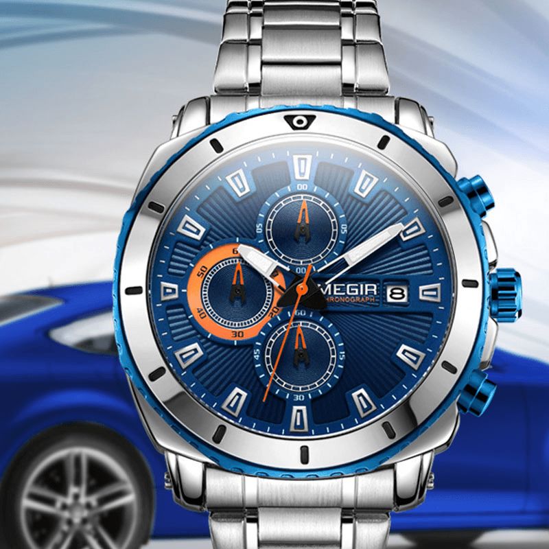 Megir Ms2075G Business Multi-Functional Calendar Chronograph Lysande Män Vattentät Rostfritt Stål Rem Kvartsur