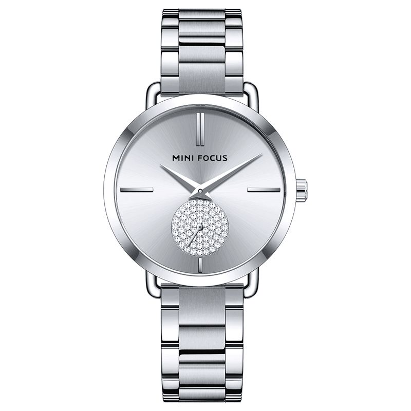 Mini Focus 0222L Casual Style Crystal Little Dial Kvinnor Armbandsur Vattentät Full Steel Kvartsur